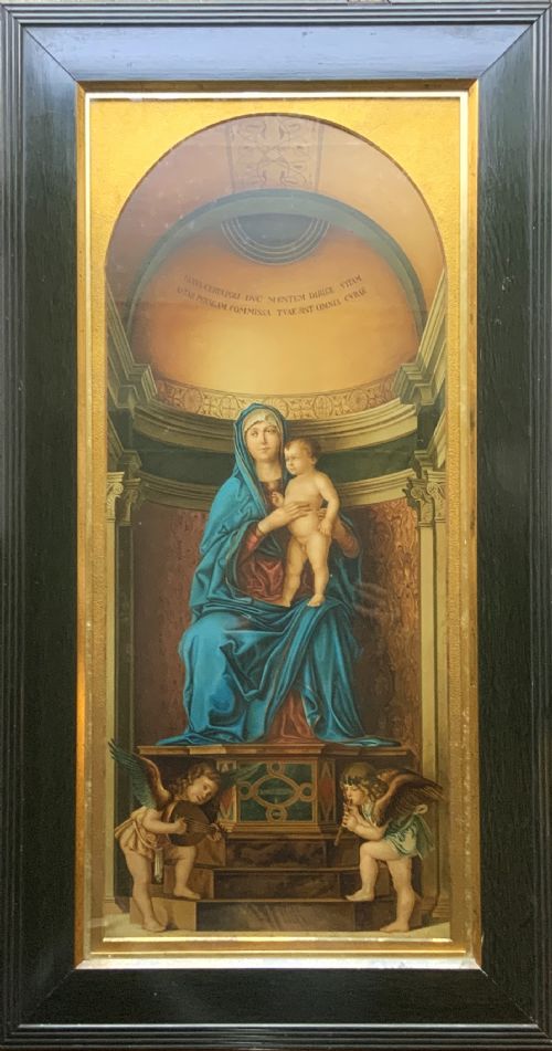 fig 5. A framed antique religious art print depicting the Madonna and Child within a gilt arched alcove above two musical cherubs, set in a dark moulded frame.