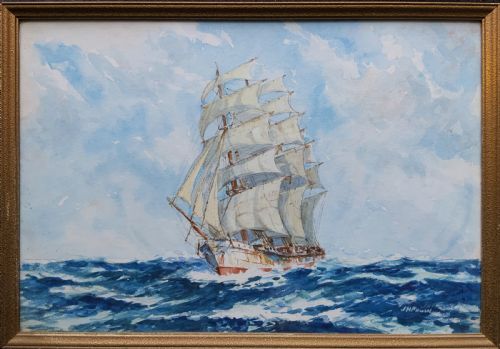 WONDERFUL LATE 19THCENTURY MASTED SHIP IN CHOPPY SEAS WATERCOLOUR PAINTING