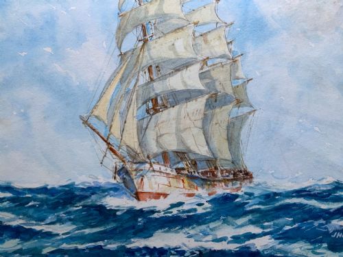 WONDERFUL LATE 19THCENTURY MASTED SHIP IN CHOPPY SEAS WATERCOLOUR PAINTING - ADDITIONAL PHOTO 5