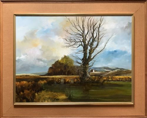fig 1. A large mid-century framed oil painting on canvas depicting a rural autumn landscape with a central bare tree near a body of water.