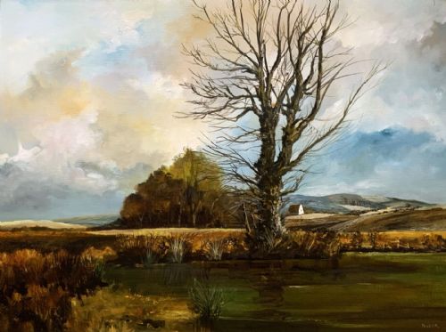 fig 2. A large mid-century framed oil painting on canvas depicting a rural autumn landscape with a central bare tree near a body of water.