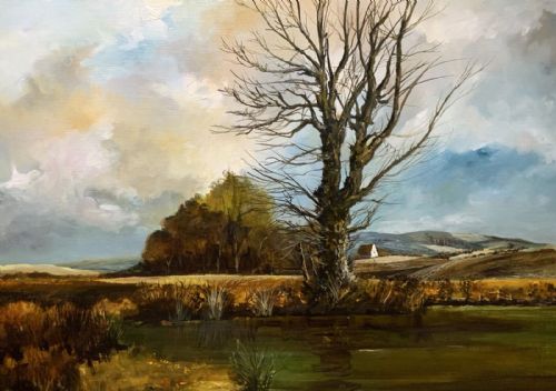 fig 3. A large mid-century framed oil painting on canvas depicting a rural autumn landscape with a central bare tree near a body of water.