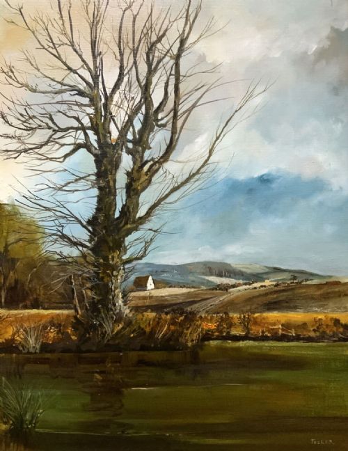 fig 4. A large mid-century framed oil painting on canvas depicting a rural autumn landscape with a central bare tree near a body of water.