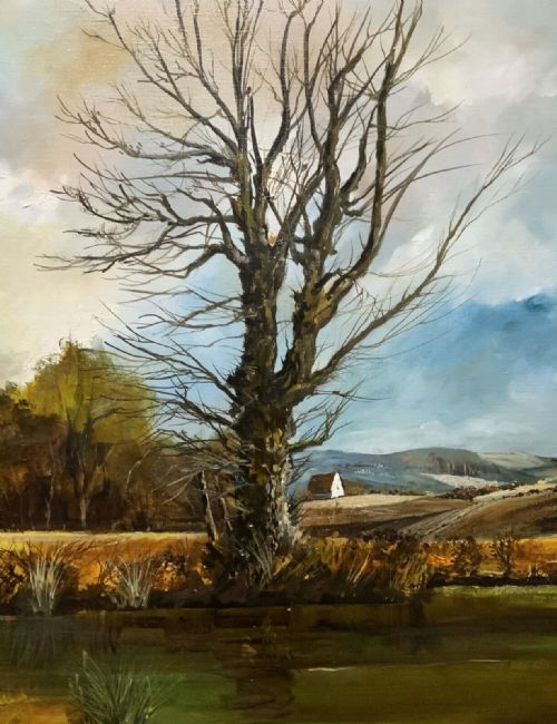 fig 5. A large mid-century framed oil painting on canvas depicting a rural autumn landscape with a central bare tree near a body of water.