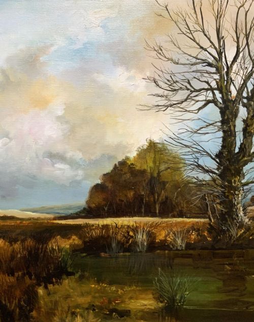 fig 6. A large mid-century framed oil painting on canvas depicting a rural autumn landscape with a central bare tree near a body of water.