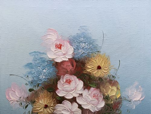 fig 3. A framed post-war floral still life oil painting depicting pink, yellow, and blue flowers in a rounded blue vase within a gilt wooden frame.