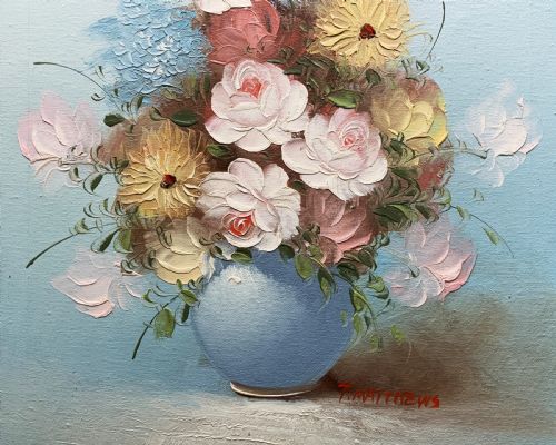 fig 5. A framed post-war floral still life oil painting depicting pink, yellow, and blue flowers in a rounded blue vase within a gilt wooden frame.