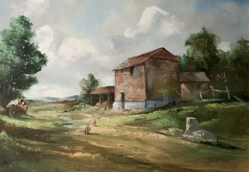 fig 2. A framed horizontal oil painting depicting a rustic farm building, horse-drawn cart, and trees under a cloudy sky.