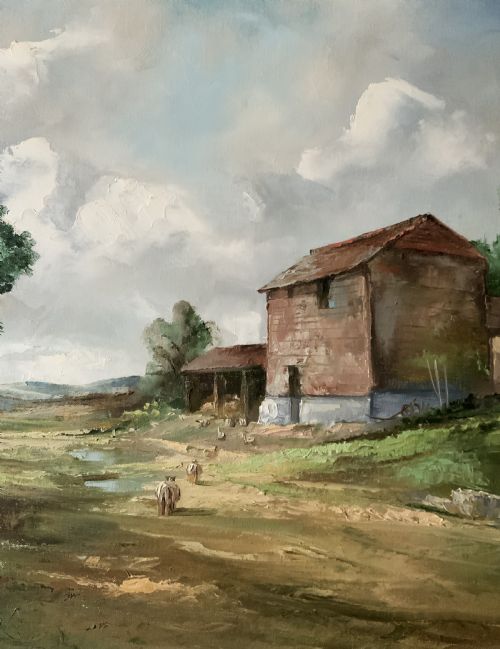 fig 3. A framed horizontal oil painting depicting a rustic farm building, horse-drawn cart, and trees under a cloudy sky.
