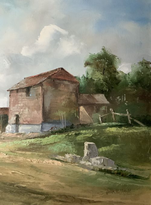 fig 4. A framed horizontal oil painting depicting a rustic farm building, horse-drawn cart, and trees under a cloudy sky.