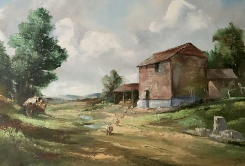 fig 5. A framed horizontal oil painting depicting a rustic farm building, horse-drawn cart, and trees under a cloudy sky.
