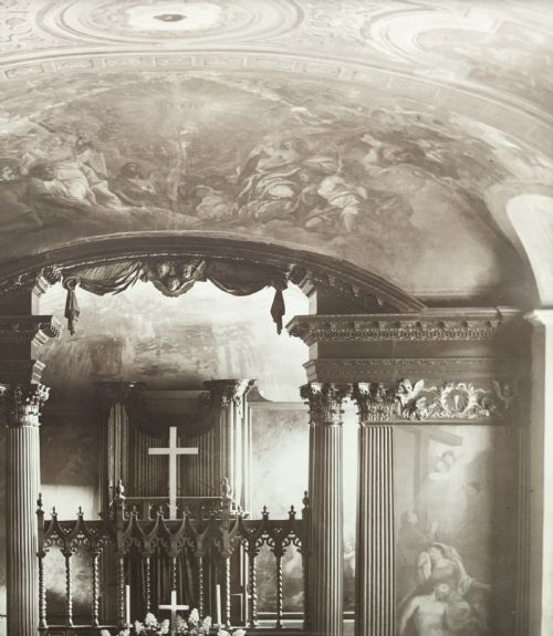 fig 3. A 1921 sepia photograph depicting a church altar and choir, mounted in a moulded dark oak frame with an engraved metal presentation plaque along the bottom edge.
