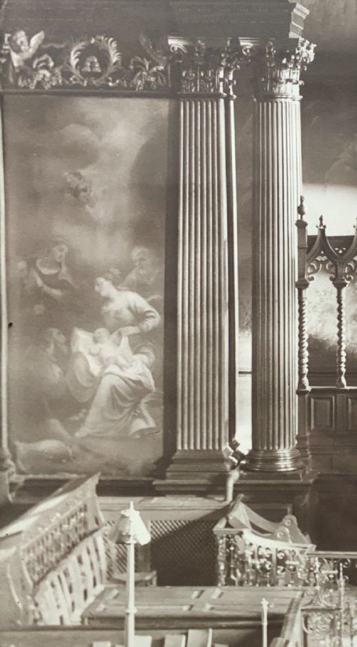 fig 7. A 1921 sepia photograph depicting a church altar and choir, mounted in a moulded dark oak frame with an engraved metal presentation plaque along the bottom edge.