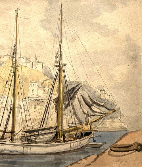 A 19THCENTURY VICTORIAN MARITIME MOORED SAILING YACHT WATERCOLOUR PAINTING - ADDITIONAL PHOTO 2