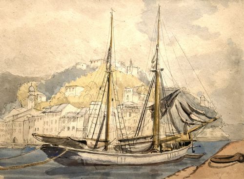A 19THCENTURY VICTORIAN MARITIME MOORED SAILING YACHT WATERCOLOUR PAINTING - ADDITIONAL PHOTO 5