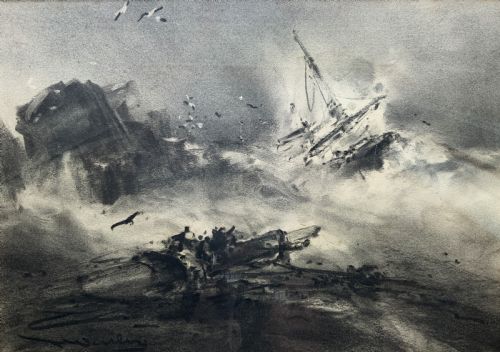 fig 1. A framed 19th-century monochrome charcoal drawing depicting a sinking ship in a stormy sea with crashing waves and seabirds.