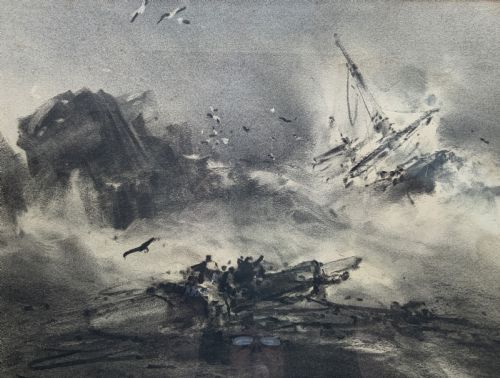 fig 2. A framed 19th-century monochrome charcoal drawing depicting a sinking ship in a stormy sea with crashing waves and seabirds.