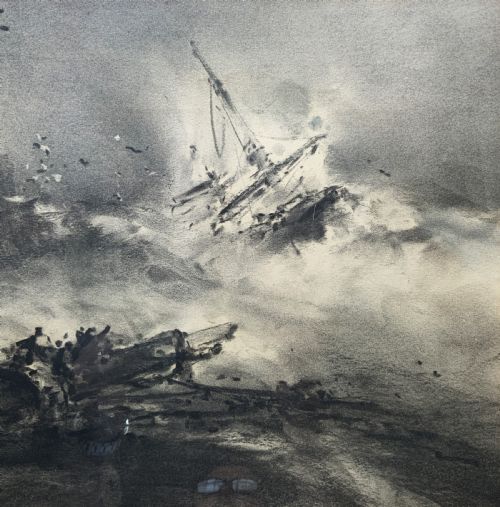 fig 3. A framed 19th-century monochrome charcoal drawing depicting a sinking ship in a stormy sea with crashing waves and seabirds.