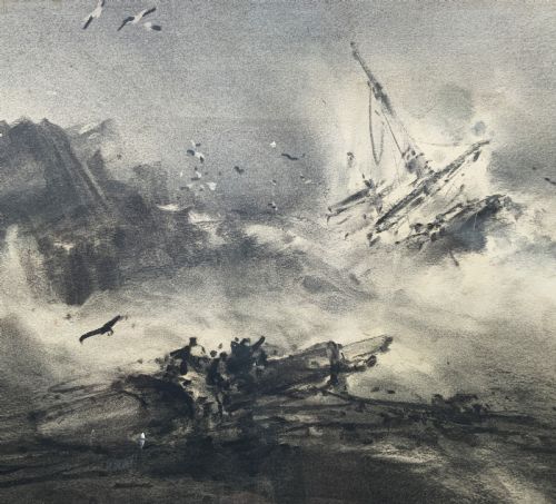 fig 4. A framed 19th-century monochrome charcoal drawing depicting a sinking ship in a stormy sea with crashing waves and seabirds.