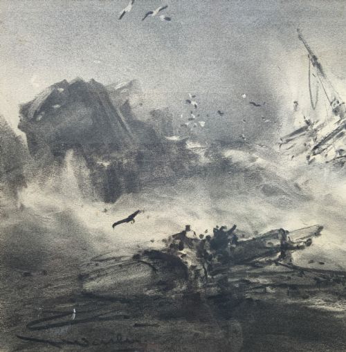 fig 5. A framed 19th-century monochrome charcoal drawing depicting a sinking ship in a stormy sea with crashing waves and seabirds.