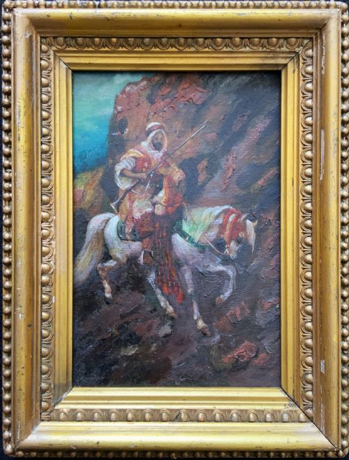 An Arabian Horseman Late 19th Century Oil on Panel Painting in Giltwood Frame