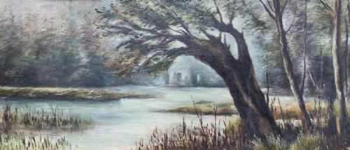 fig 1. A horizontal Victorian watercolour painting depicting a woodland river scene with a leaning tree, set within a gold mount and ornate gilt frame.