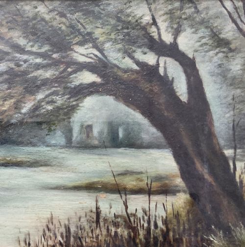 fig 2. A horizontal Victorian watercolour painting depicting a woodland river scene with a leaning tree, set within a gold mount and ornate gilt frame.