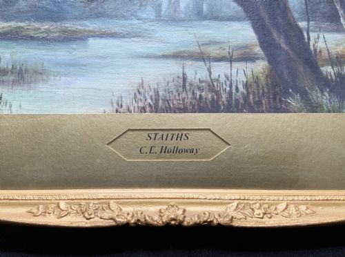 fig 4. A horizontal Victorian watercolour painting depicting a woodland river scene with a leaning tree, set within a gold mount and ornate gilt frame.