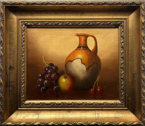 Gorgeous Vintage Antique Mid-century Still Life of Cherries & Jug Oil Painting