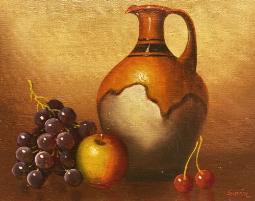 fig 2. GORGEOUS VINTAGE ANTIQUE MID-CENTURY STILL LIFE OF CHERRIES & JUG OIL PAINTING