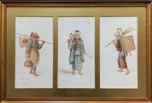 fig 1. A framed triptych of three watercolour paintings by Takashi Nakayama depicting Japanese figures in traditional attire, including a fisherman, a mother carrying a child, and a labourer with a basket.