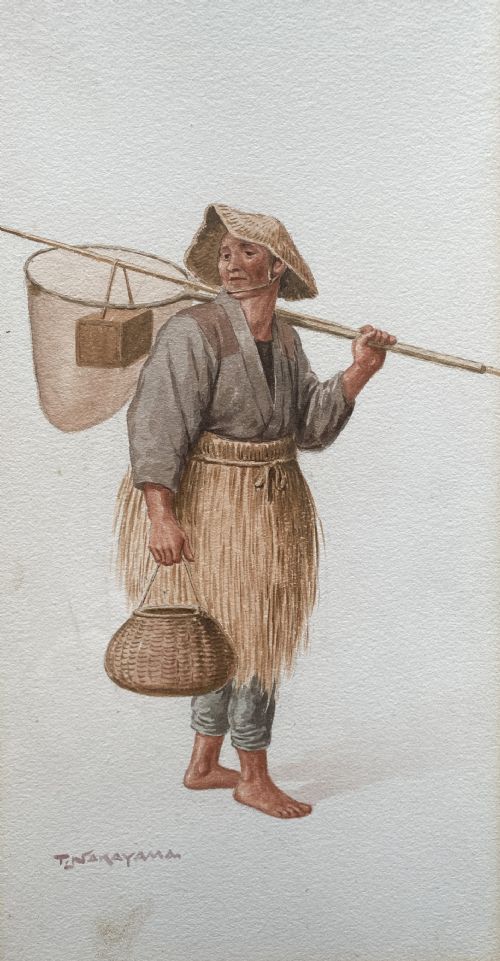 fig 2. A framed triptych of three watercolour paintings by Takashi Nakayama depicting Japanese figures in traditional attire, including a fisherman, a mother carrying a child, and a labourer with a basket.