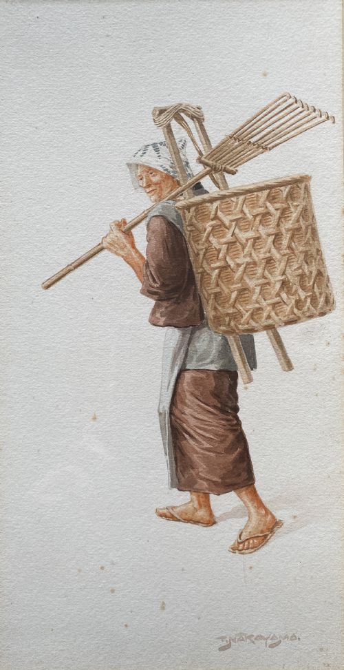 fig 3. A framed triptych of three watercolour paintings by Takashi Nakayama depicting Japanese figures in traditional attire, including a fisherman, a mother carrying a child, and a labourer with a basket.