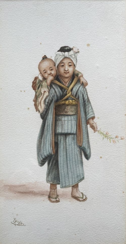 fig 4. A framed triptych of three watercolour paintings by Takashi Nakayama depicting Japanese figures in traditional attire, including a fisherman, a mother carrying a child, and a labourer with a basket.