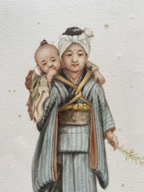 fig 5. A framed triptych of three watercolour paintings by Takashi Nakayama depicting Japanese figures in traditional attire, including a fisherman, a mother carrying a child, and a labourer with a basket.