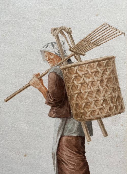 fig 6. A framed triptych of three watercolour paintings by Takashi Nakayama depicting Japanese figures in traditional attire, including a fisherman, a mother carrying a child, and a labourer with a basket.