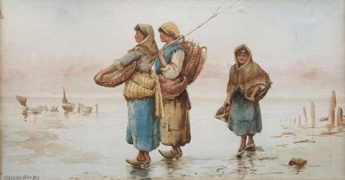 fig 1. A framed 19th-century watercolour painting depicting three Dutch fisherwomen wearing traditional garments and carrying wicker baskets on a foggy coastal shore.
