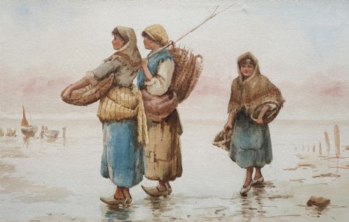 fig 2. A framed 19th-century watercolour painting depicting three Dutch fisherwomen wearing traditional garments and carrying wicker baskets on a foggy coastal shore.