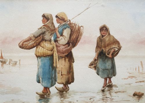 fig 3. A framed 19th-century watercolour painting depicting three Dutch fisherwomen wearing traditional garments and carrying wicker baskets on a foggy coastal shore.