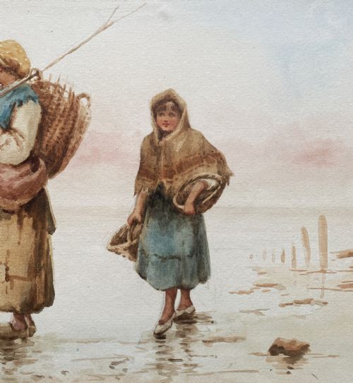 fig 5. A framed 19th-century watercolour painting depicting three Dutch fisherwomen wearing traditional garments and carrying wicker baskets on a foggy coastal shore.