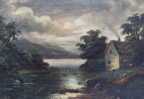 fig 2. An oil painting depicting a moonlit highland loch scene with a small cottage near the water, framed in a thick white painted wooden frame.