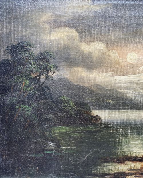 fig 5. An oil painting depicting a moonlit highland loch scene with a small cottage near the water, framed in a thick white painted wooden frame.