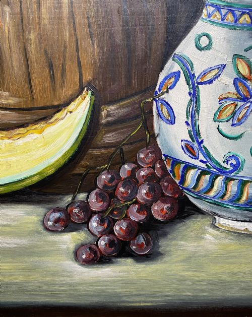 LARGE MIDCENTURY EUROPEAN FRUIT JUG STILL LIFE STUDY OIL PAINTING 1 OF 2 - ADDITIONAL PHOTO 3