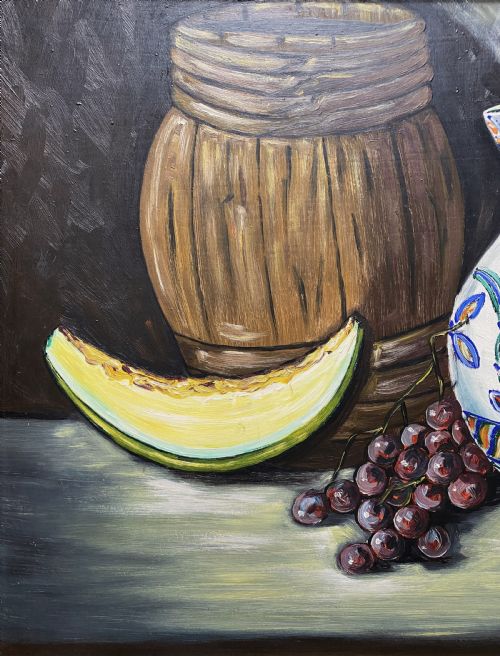 LARGE MIDCENTURY EUROPEAN FRUIT JUG STILL LIFE STUDY OIL PAINTING 1 OF 2 - ADDITIONAL PHOTO 4