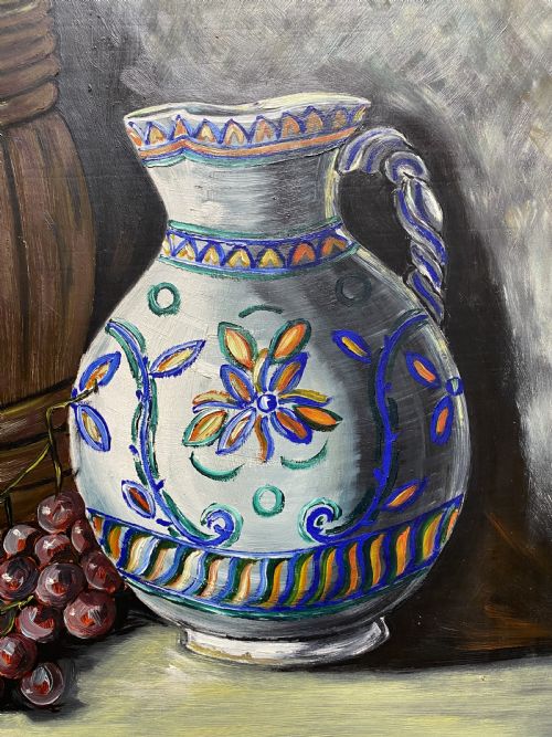 LARGE MIDCENTURY EUROPEAN FRUIT JUG STILL LIFE STUDY OIL PAINTING 1 OF 2 - ADDITIONAL PHOTO 5