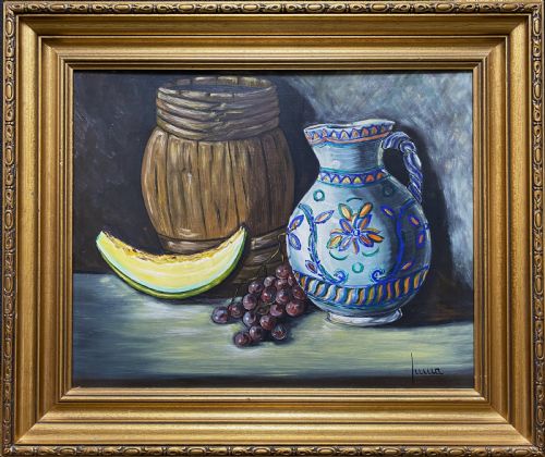 LARGE MIDCENTURY EUROPEAN FRUIT JUG STILL LIFE STUDY OIL PAINTING 1 OF 2 - ADDITIONAL PHOTO 9