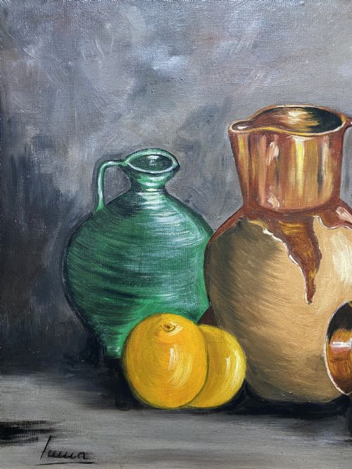 LARGE MIDCENTURY EUROPEAN LEMON JUGS STILL LIFE STUDY OIL PAINTING 2 OF 2 - ADDITIONAL PHOTO 4