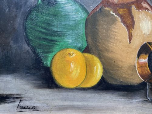 LARGE MIDCENTURY EUROPEAN LEMON JUGS STILL LIFE STUDY OIL PAINTING 2 OF 2 - ADDITIONAL PHOTO 7