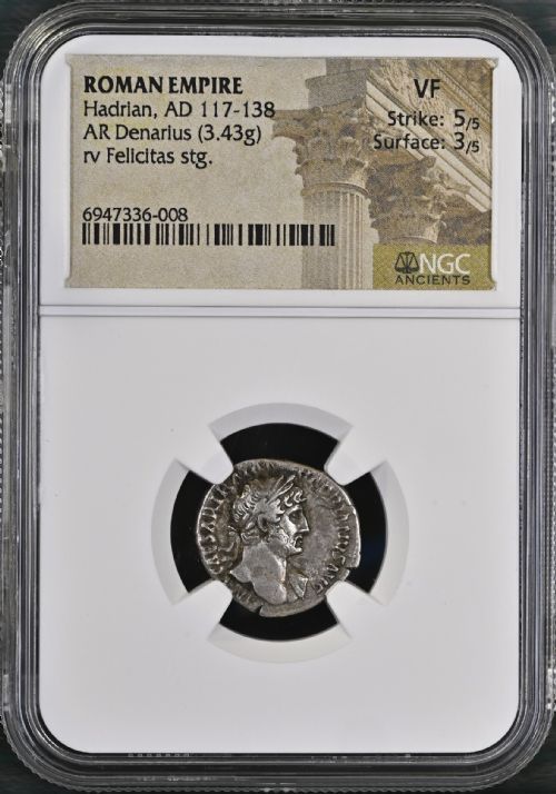 fig 2. Ancient Roman Empire Hadrian (AD 117-138) AR Denarius Silver Coin NGC V.Fine VF