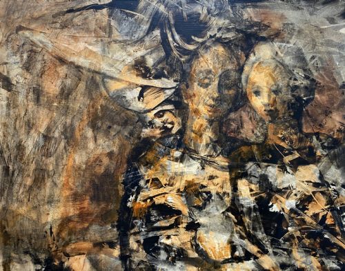 fig 2. A vertical abstract acrylic painting of layered human figures in earth tones, framed by a linen slip and a tiered gold gilt moulding.